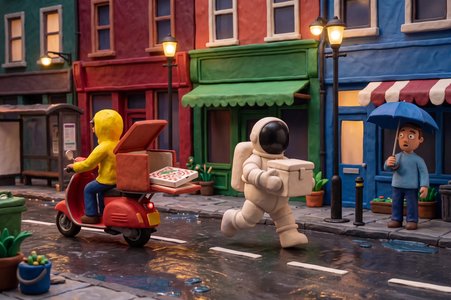Illustration en pâte à modeler d'un cosmonaute courant à côté d'un livreur à scooter pour retenir son caisson isotherme ouvert, dans une rue de ville mouillée à la tombée du jour
