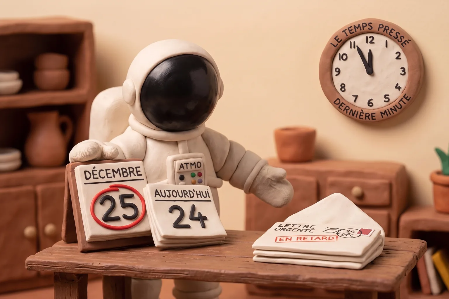 Illustration en pâte à modeler d'un cosmonaute regardant un calendrier et une lettre en retard qui arrive, une horloge indiquant que le temps presse