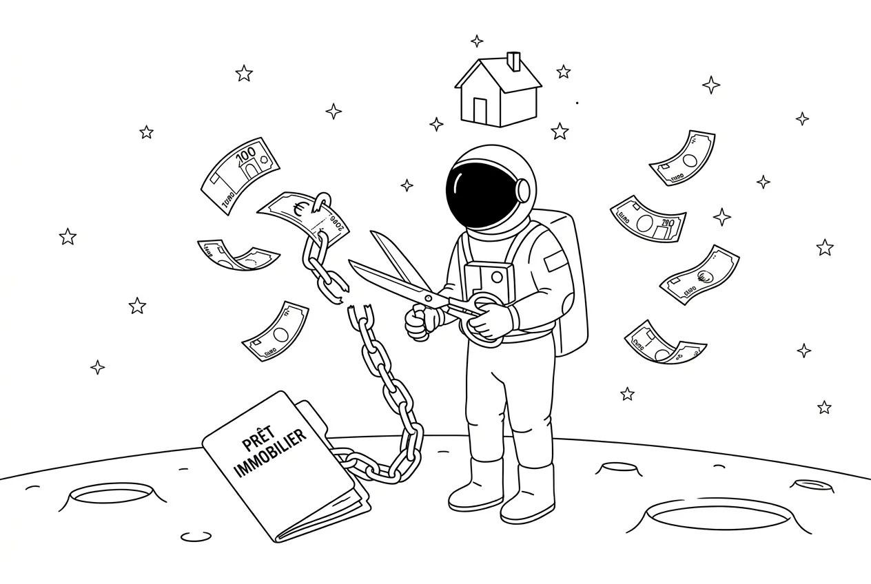 Illustration line art noir et blanc d'un cosmonaute coupant une chaîne reliée à un dossier de prêt immobilier, avec une maison flottante et des billets en arrière-plan