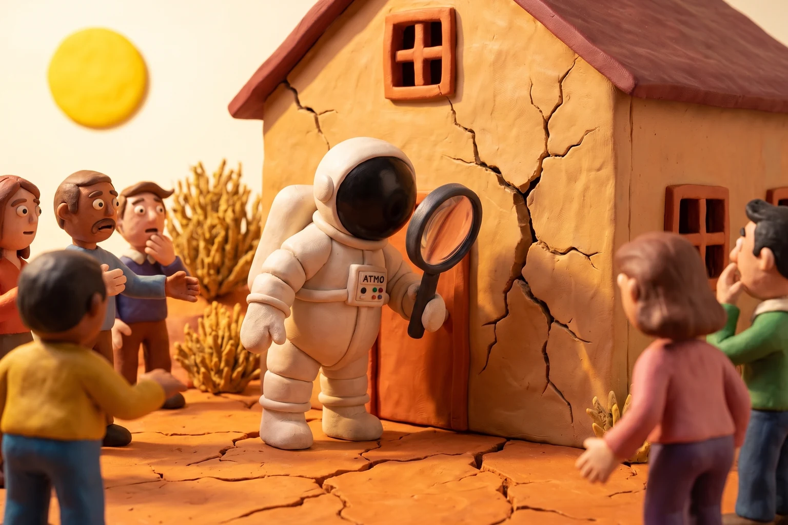 Illustration en pâte à modeler d'un cosmonaute examinant à la loupe les fissures d'une maison posée sur une terre craquelée par la sécheresse