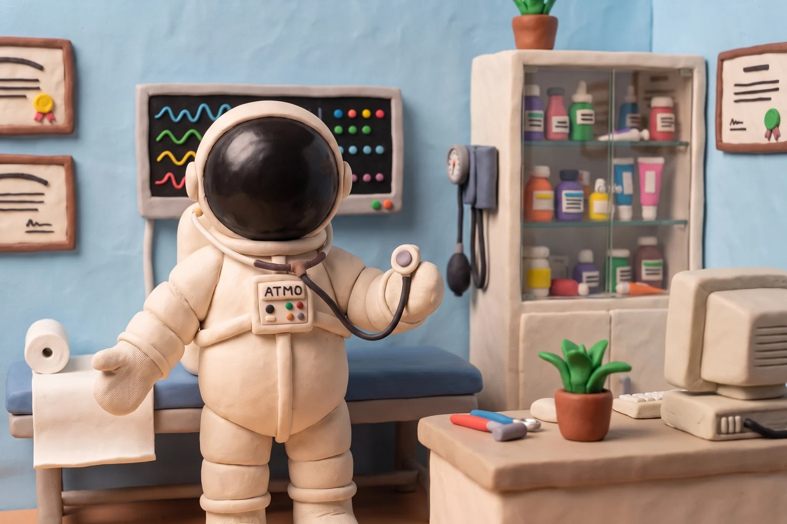 Illustration en pâte à modeler d'un cosmonaute médecin dans son cabinet de santé coloré avec table d'examen, moniteur, tensiomètre et armoire à pharmacie