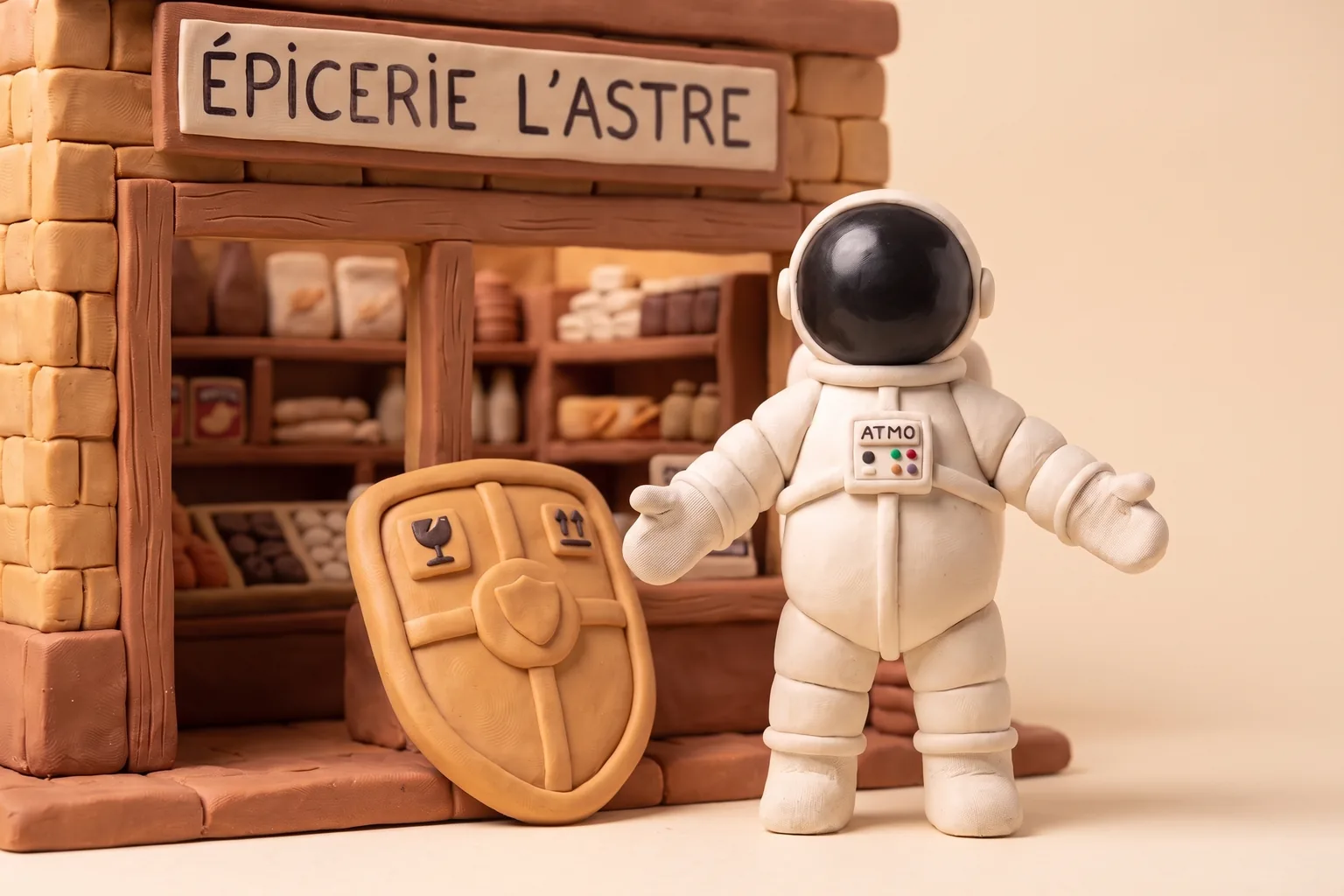Illustration en pâte à modeler d'un cosmonaute commerçant devant sa boutique protégée par un grand bouclier, sous un ciel étoilé