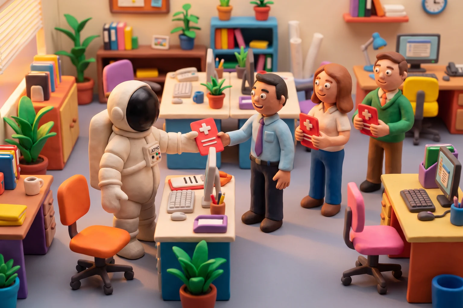 Illustration en pâte à modeler d'un cosmonaute employeur distribuant des cartes de mutuelle à des salariés dans un bureau coloré