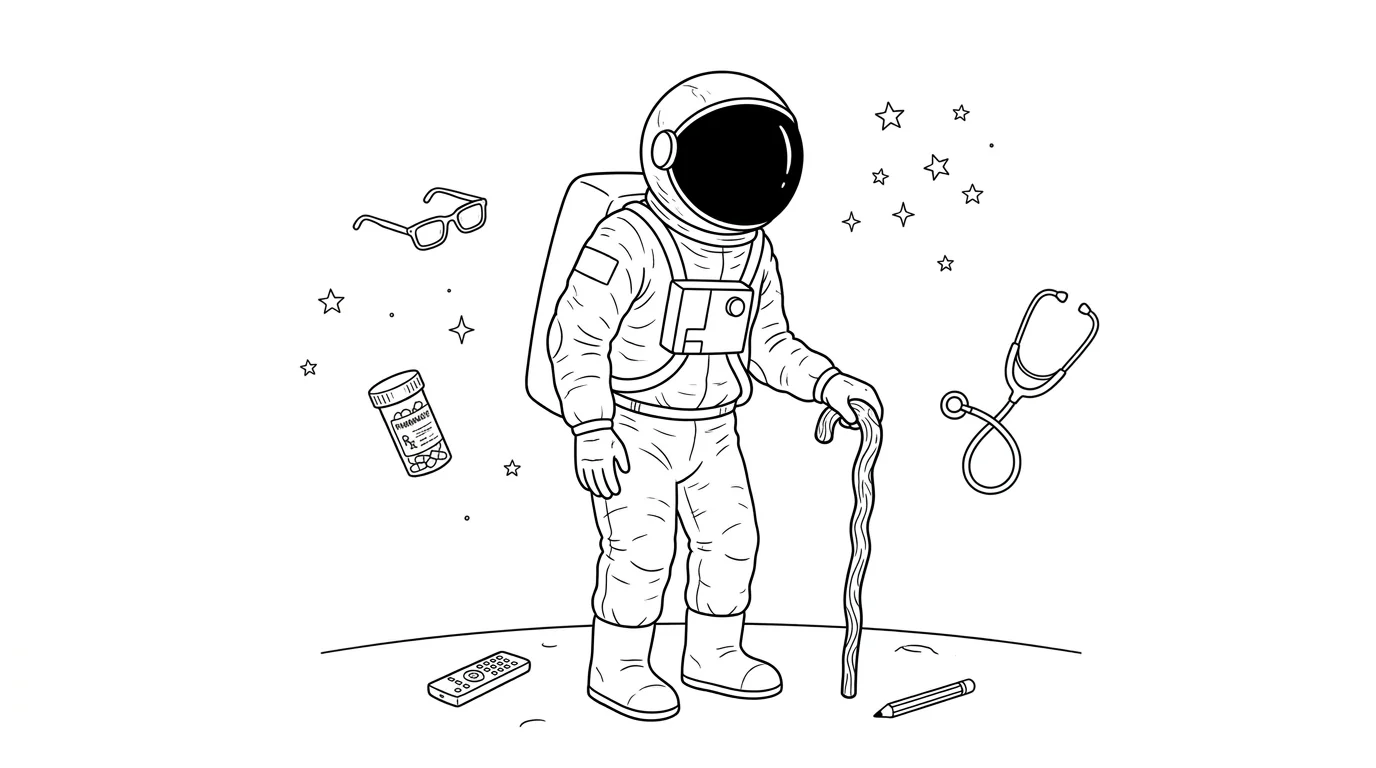 Illustration line art noir et blanc d'un cosmonaute âgé avec une canne tenant un parapluie ouvert, avec des médicaments et une paire de lunettes en arrière-plan