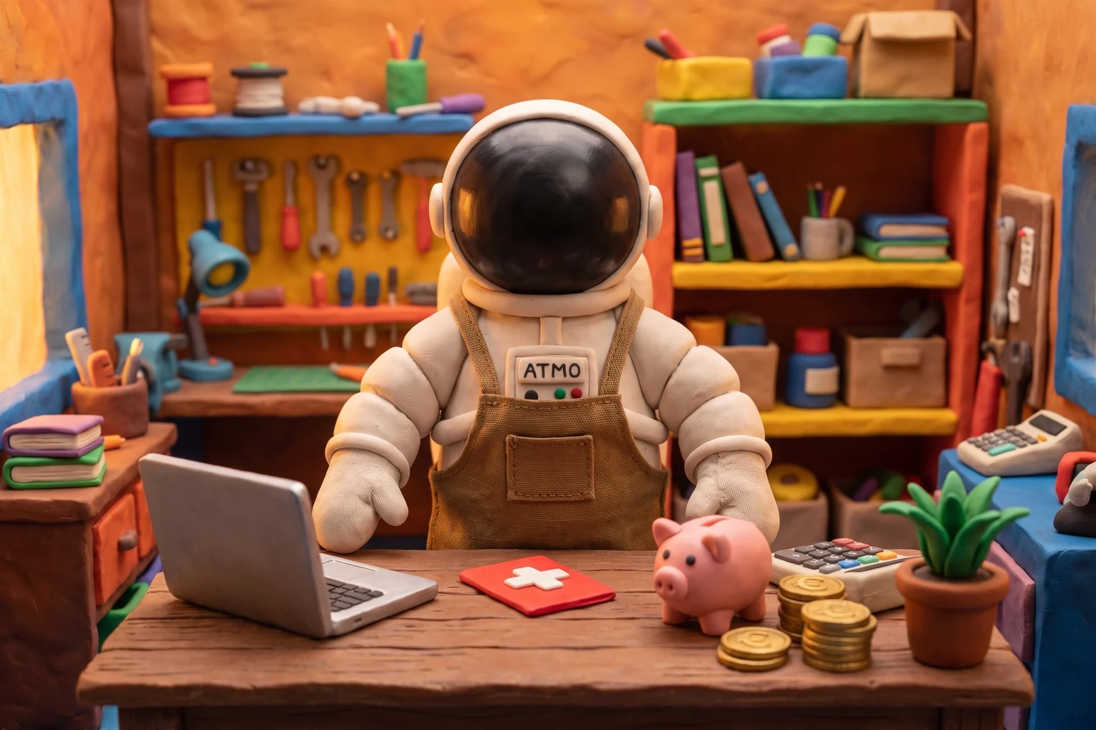 Illustration en pâte à modeler d'un cosmonaute indépendant derrière son bureau avec une carte de mutuelle, une tirelire et des pièces d'euro