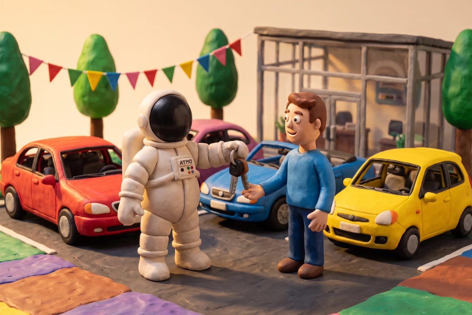 Illustration en pâte à modeler d'un cosmonaute négociant remettant les clés d'une voiture à un client, devant un parc de véhicules colorés