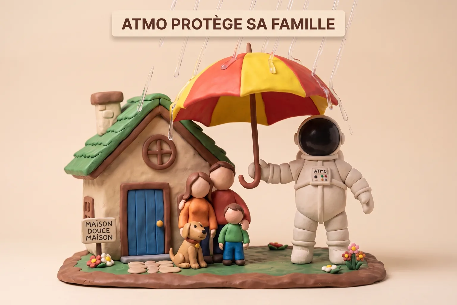 Illustration en pâte à modeler d'un cosmonaute protégeant sa famille et sa maison avec un grand parapluie, sous un ciel étoilé