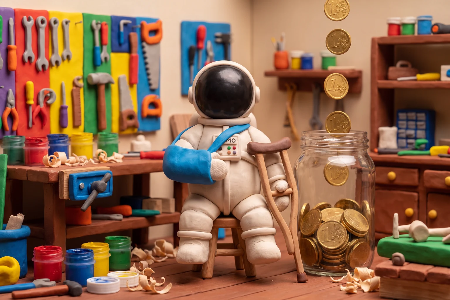 Illustration en pâte à modeler d'un cosmonaute artisan le bras en écharpe dans son atelier, pendant que des pièces continuent de tomber dans un bocal