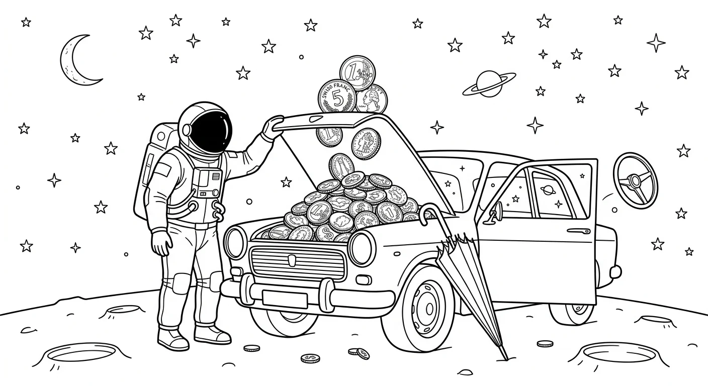 Illustration line art noir et blanc d'un cosmonaute soulevant le capot d'une voiture pour découvrir une pile de pièces de monnaie, avec un parapluie et un volant en arrière-plan