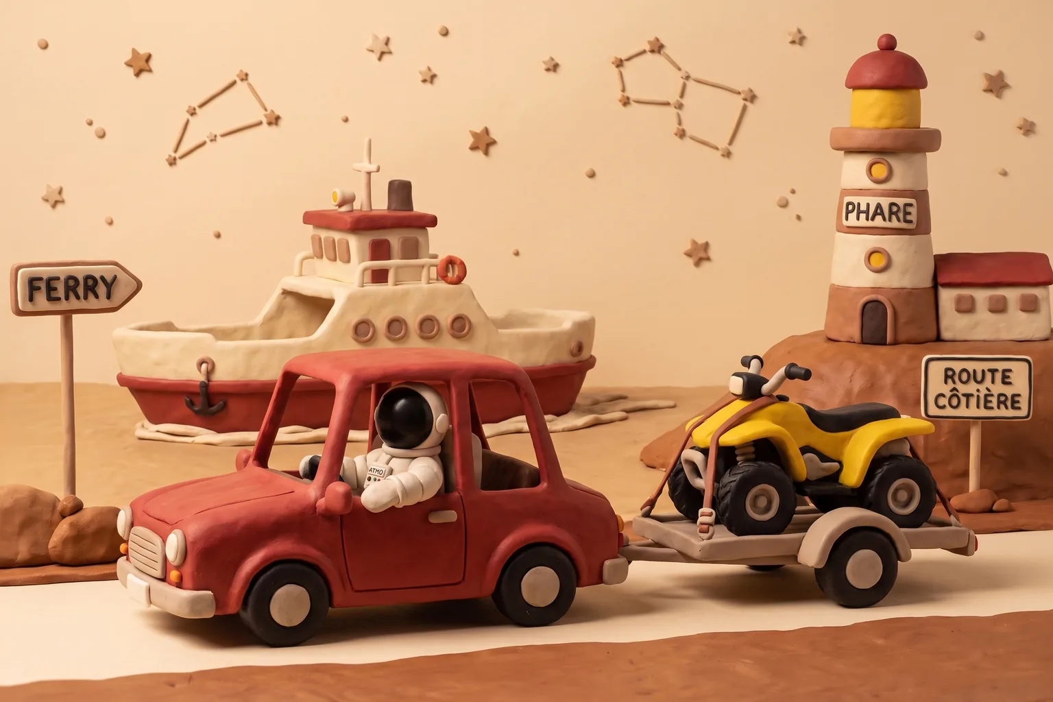 Illustration en pâte à modeler d'un cosmonaute conduisant une voiture qui tracte une remorque avec un quad sanglé, un ferry et un phare en arrière-plan, sous un ciel d'étoiles et de constellations