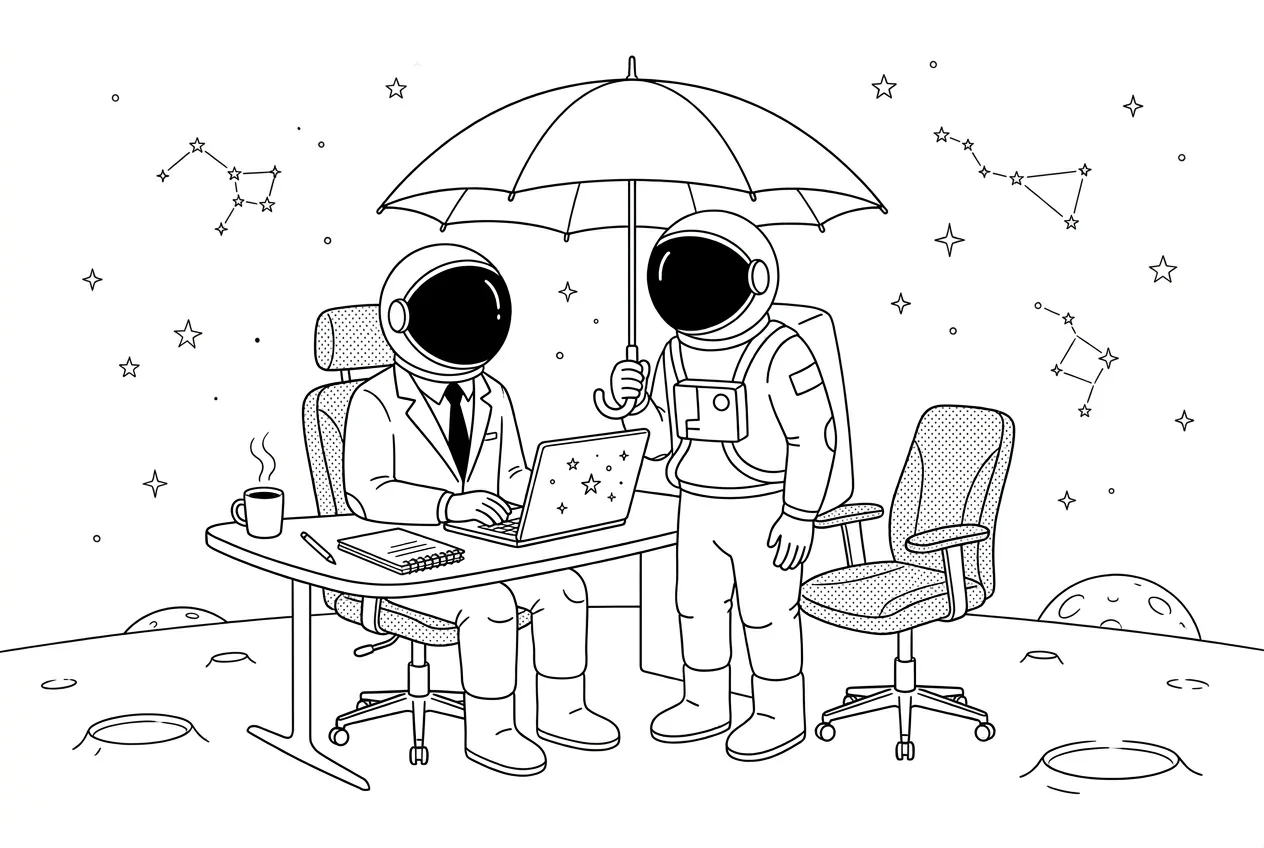 Illustration line art noir et blanc d'un cosmonaute en costume au bureau face à un client, avec un parapluie qui s'ouvre au-dessus de leur tête en arrière-plan