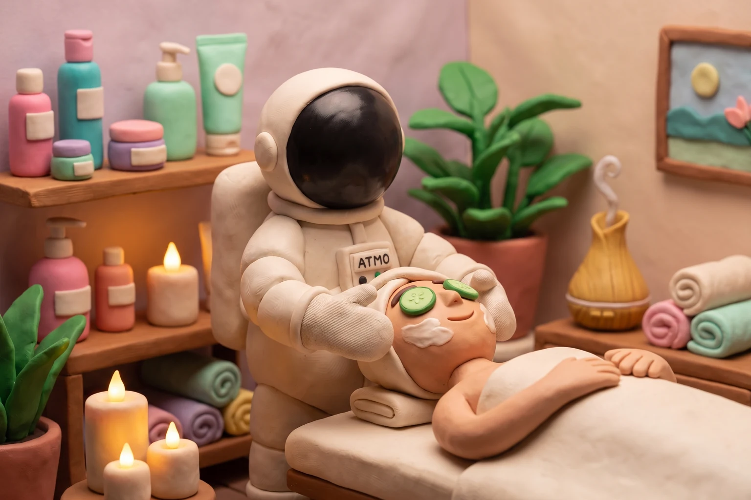 Illustration en pâte à modeler d'un cosmonaute praticien de bien-être prodiguant un soin du visage à une cliente détendue dans un spa coloré, avec produits de soin, bougies et plantes