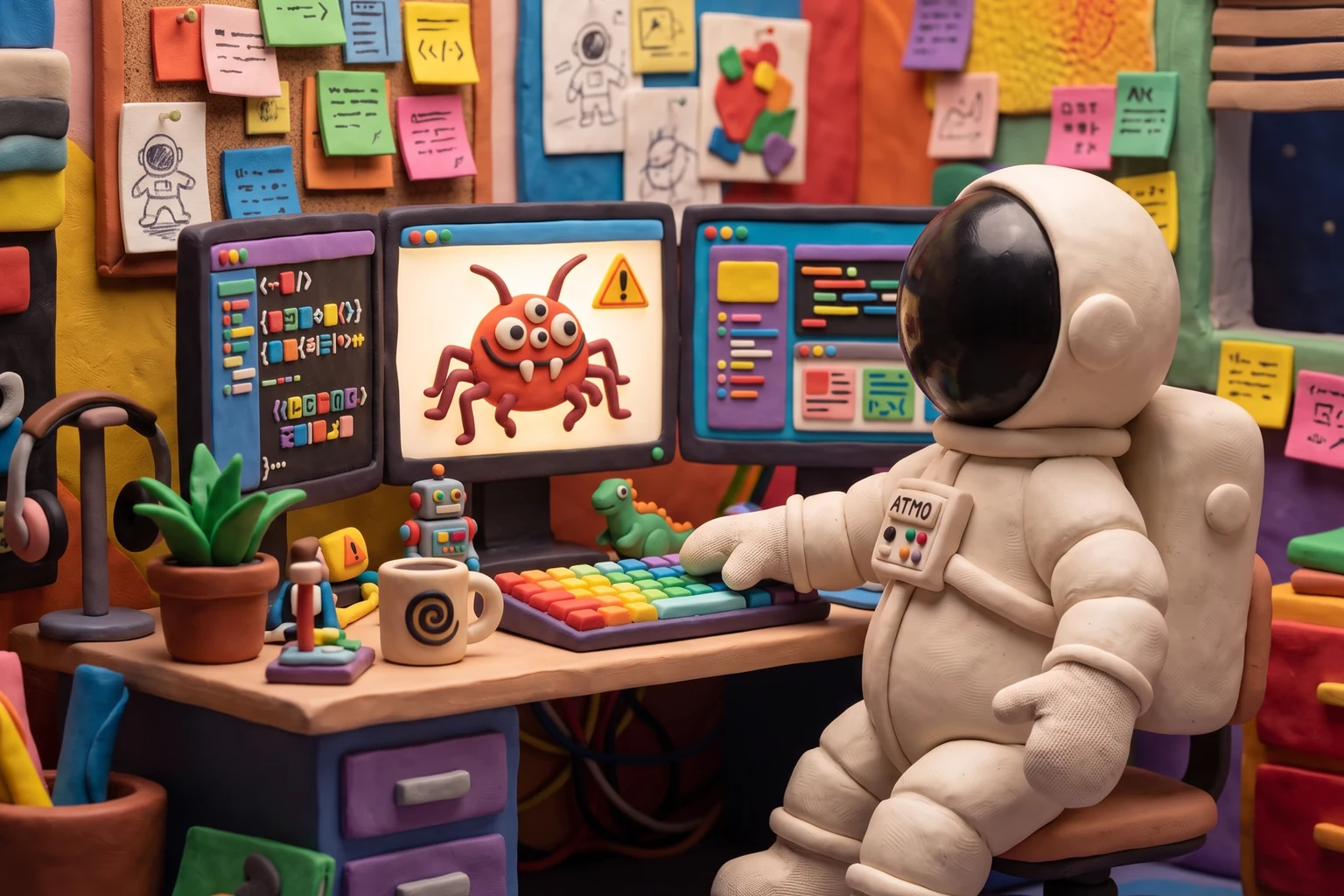 Illustration en pâte à modeler d'un cosmonaute développeur à son poste devant plusieurs écrans, dont un affichant un bug, dans un bureau tech coloré
