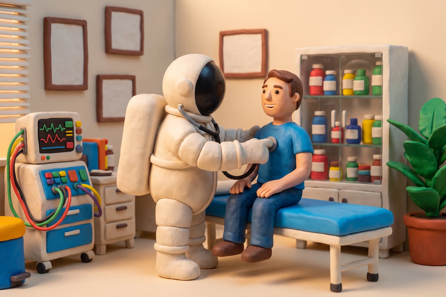 Illustration en pâte à modeler d'un cosmonaute soignant avec un stéthoscope examinant un patient assis sur la table d'examen d'un cabinet coloré