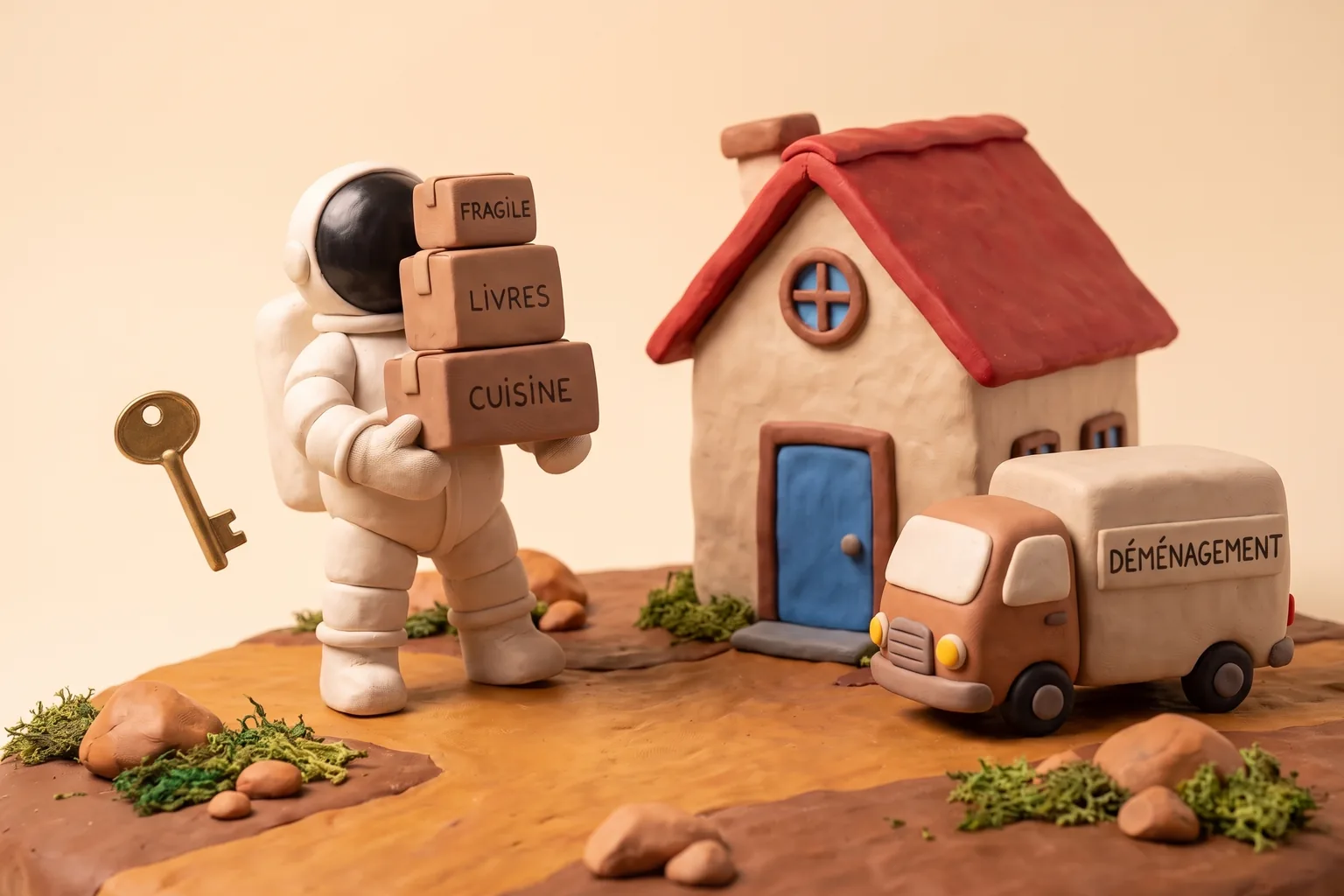 Illustration en pâte à modeler d'un cosmonaute portant des cartons de déménagement à côté d'une maison et d'un petit camion, une clé flottant à proximité