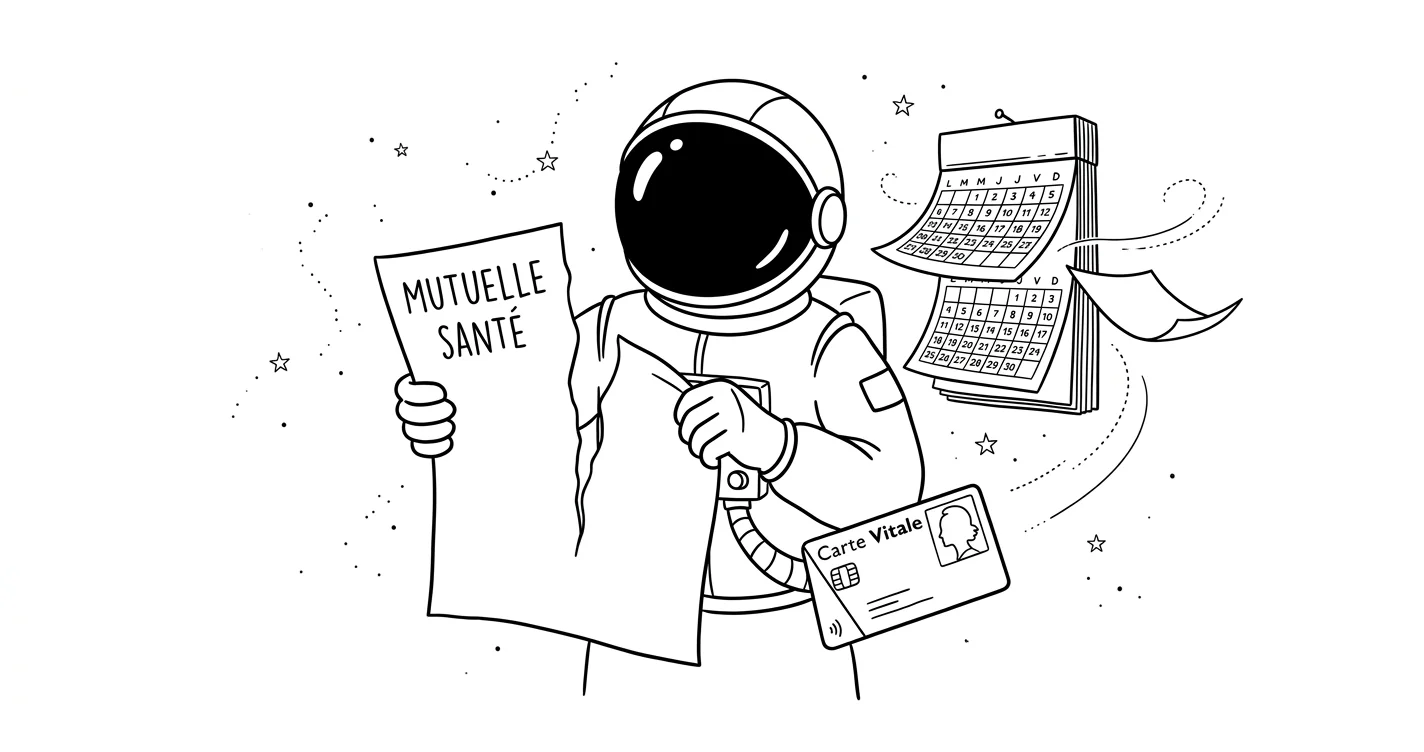 Illustration line art noir et blanc d'un cosmonaute déchirant un contrat de mutuelle, avec une carte vitale flottante et un calendrier annuel en arrière-plan