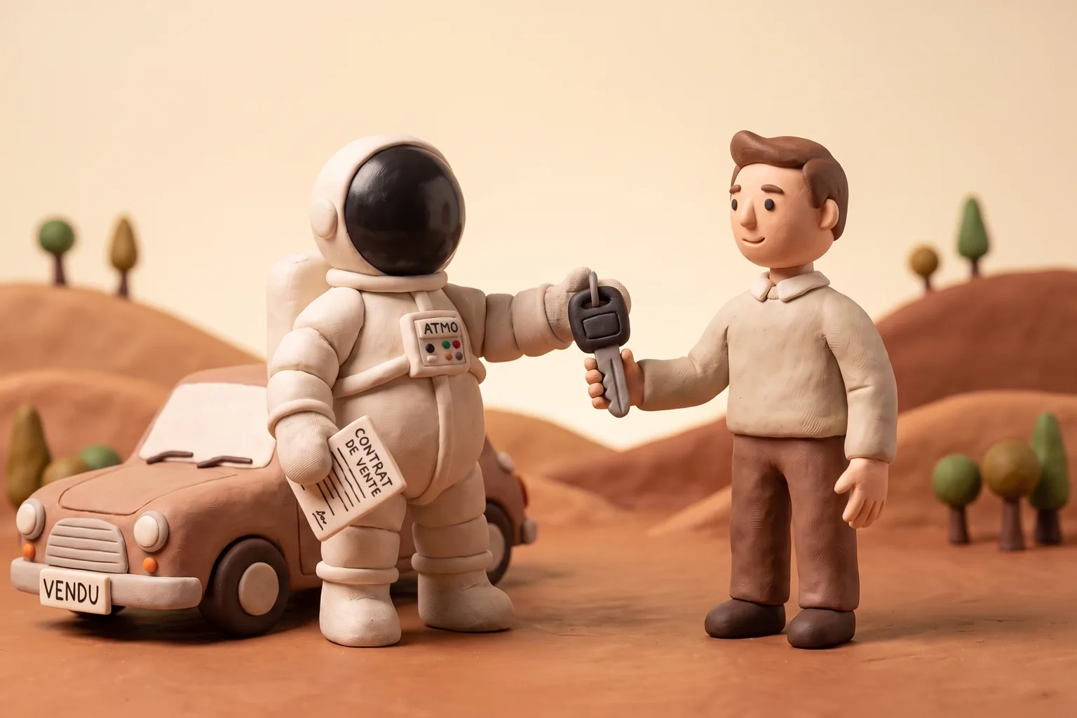 Illustration en pâte à modeler d'un cosmonaute remettant une clé de voiture à un autre personnage, à côté d'une voiture avec une étiquette vendu, un document à la main