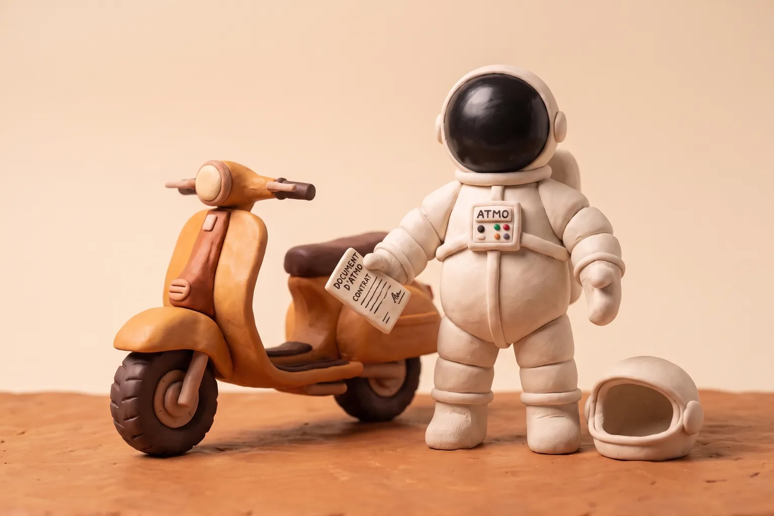 Illustration en pâte à modeler d'un cosmonaute à côté d'une moto ou d'un scooter, tenant un document, un casque posé à proximité