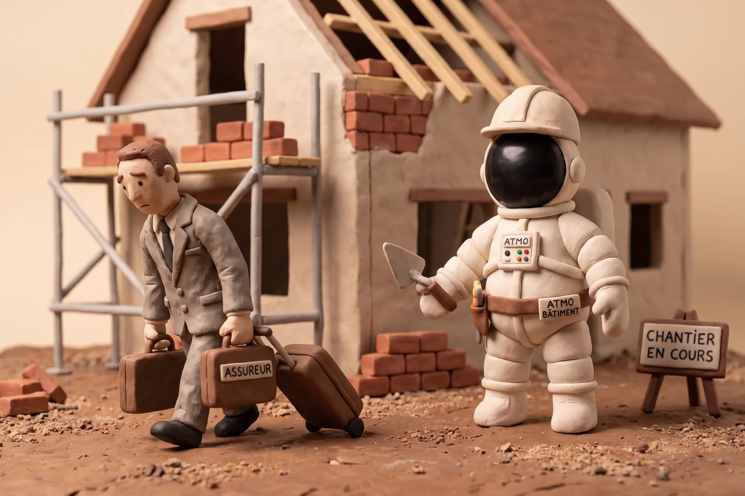 Illustration en pâte à modeler d'un cosmonaute artisan du bâtiment regardant un assureur quitter un chantier avec ses valises, devant une maison en construction