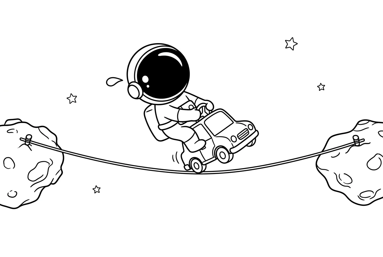 Illustration line art noir et blanc d'un cosmonaute au volant d'une voiture dont la plaque est scannée par un faisceau numérique de contrôle, sur fond d'étoiles et de constellations