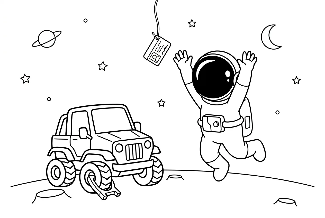 Illustration line art noir et blanc d'un cosmonaute tenant un permis de conduire barré d'une croix devant une voiture, sur fond d'étoiles et de constellations