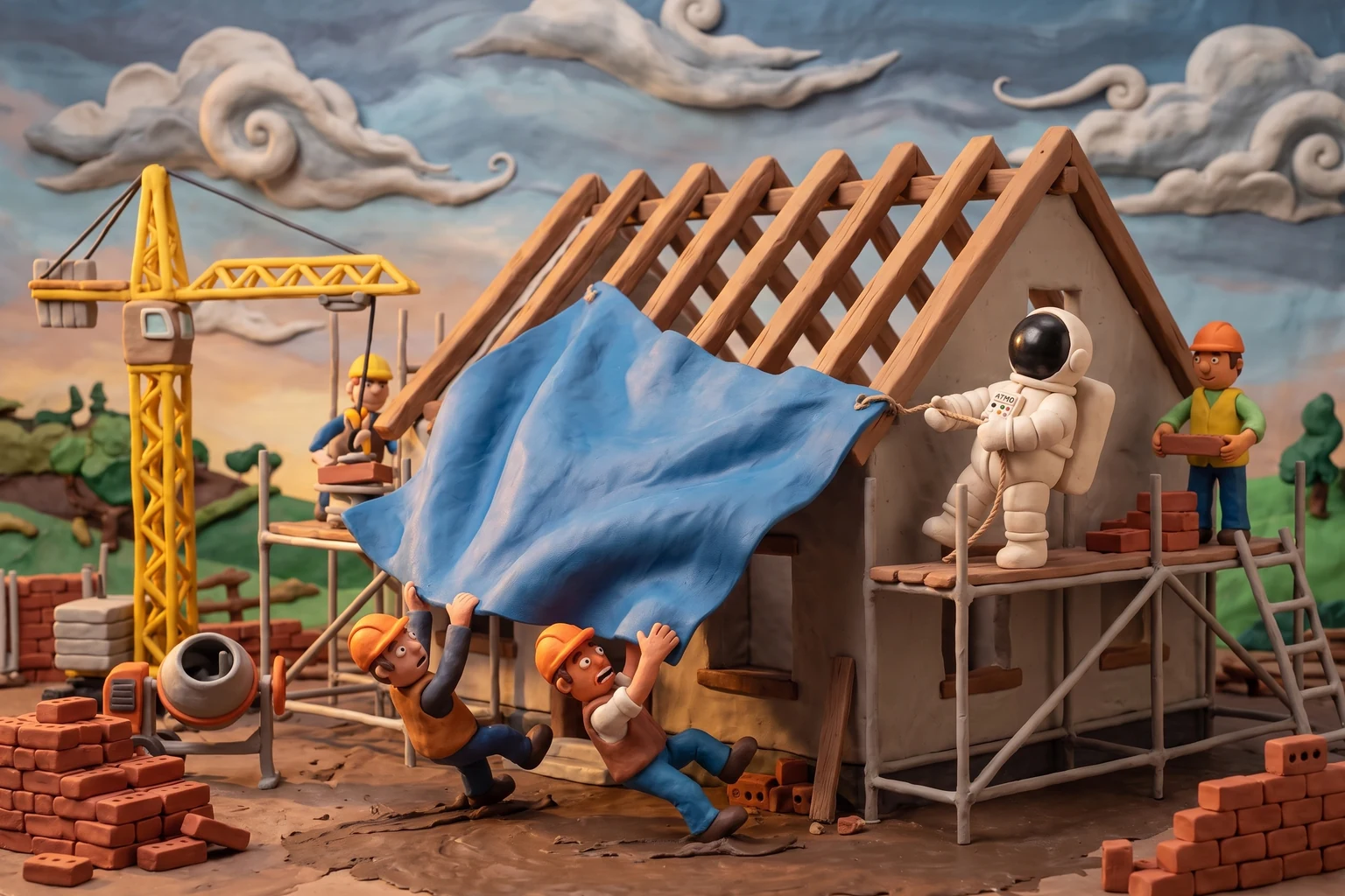 Illustration en pâte à modeler d'un cosmonaute arrimant une bâche qui s'envole sur l'échafaudage d'une maison en construction, aidé par deux ouvriers casqués dans le vent