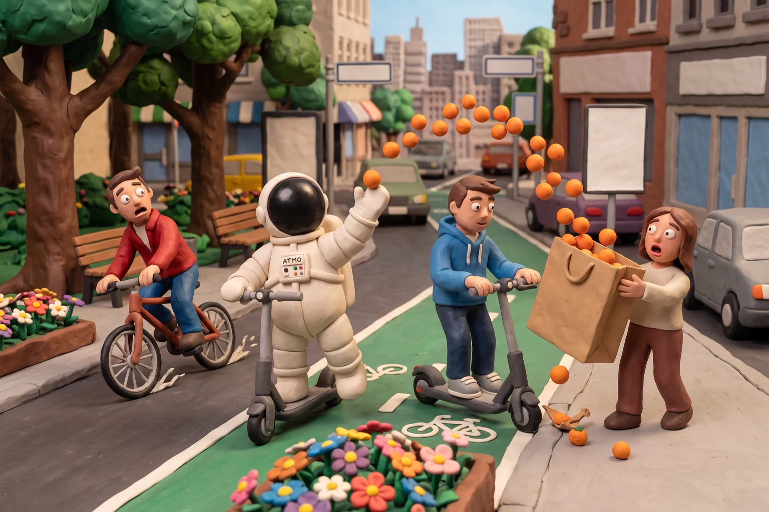 Illustration en pâte à modeler d'un cosmonaute rattrapant au vol une orange échappée du sac d'un piéton accroché par un jeune en trottinette électrique, sur une piste cyclable