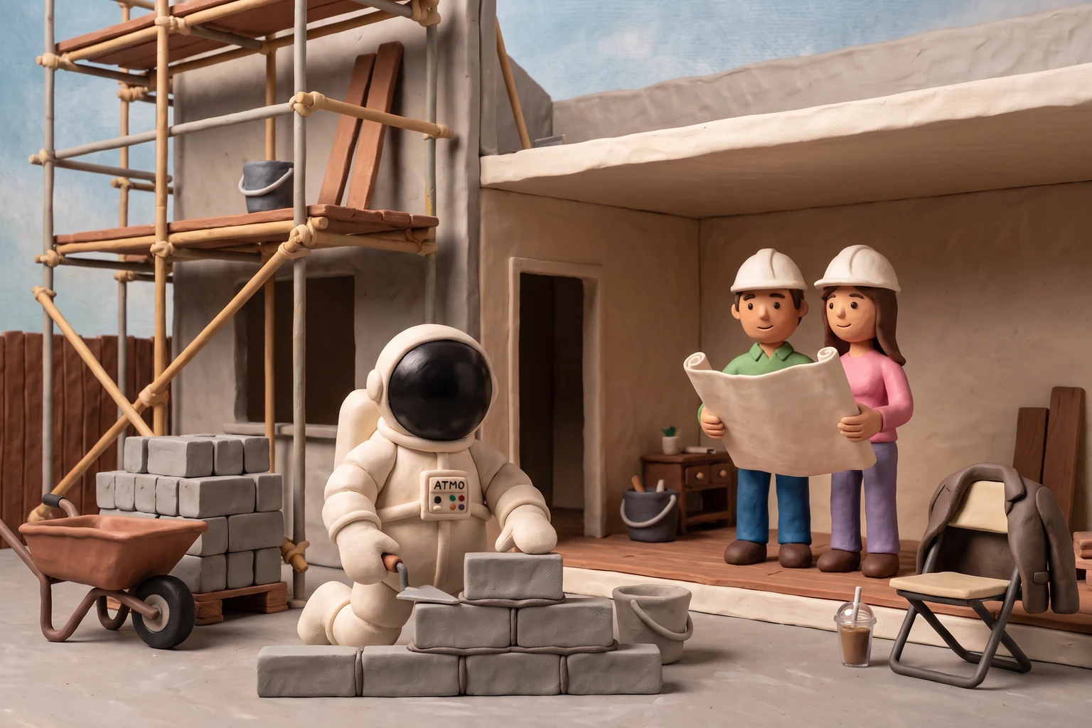 Illustration en pâte à modeler d'un cosmonaute reprenant la truelle pour monter lui-même le mur d'un immeuble inachevé, devant un jeune couple casqué venu visiter son futur logement