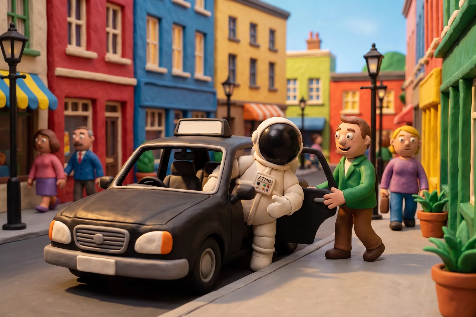 Illustration en pâte à modeler d'un cosmonaute chauffeur ouvrant la portière d'une berline noire à un passager, dans une rue de ville
