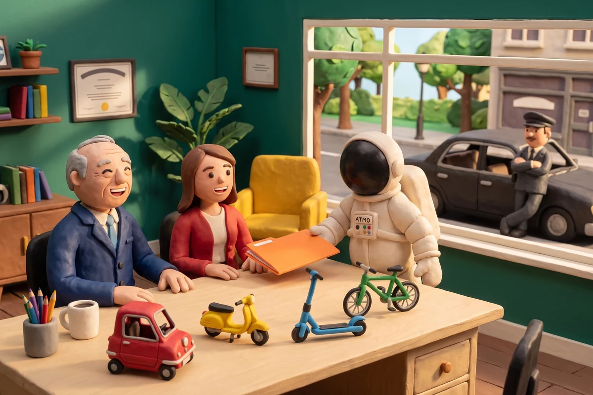 Illustration en pâte à modeler d'un cosmonaute courtier tendant un dossier orange à deux clients souriants, avec sur le bureau des maquettes de voiturette, cyclomoteur, trottinette et vélo