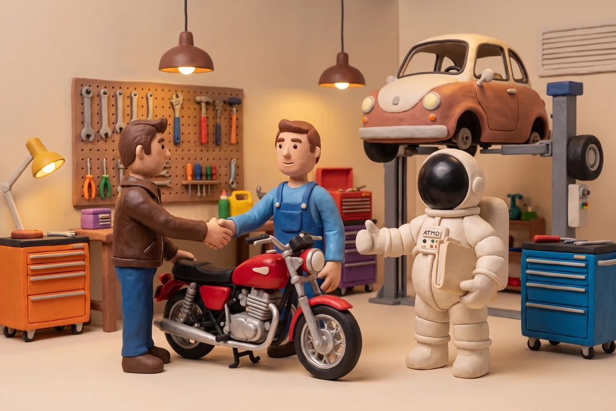 Illustration en pâte à modeler d'un cosmonaute levant le pouce dans un atelier de mécanique pendant qu'un motard serre la main du garagiste devant sa moto rouge réparée