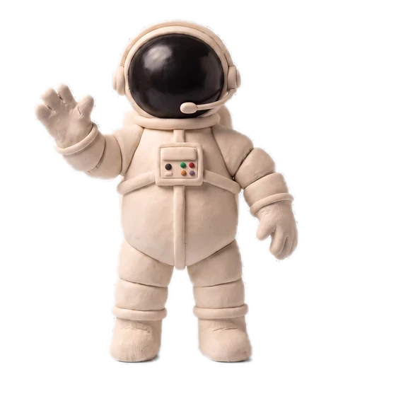 Mascotte cosmonaute Atmo Assurances en pâte à modeler, casque-micro sur les oreilles, qui vous accueille