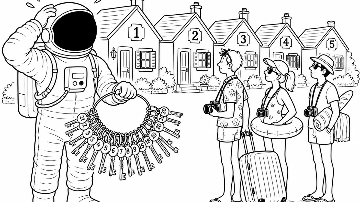 Illustration line art noir et blanc d'un cosmonaute remettant les clés d'un meublé de tourisme, symbolisant l'assurance location saisonnière