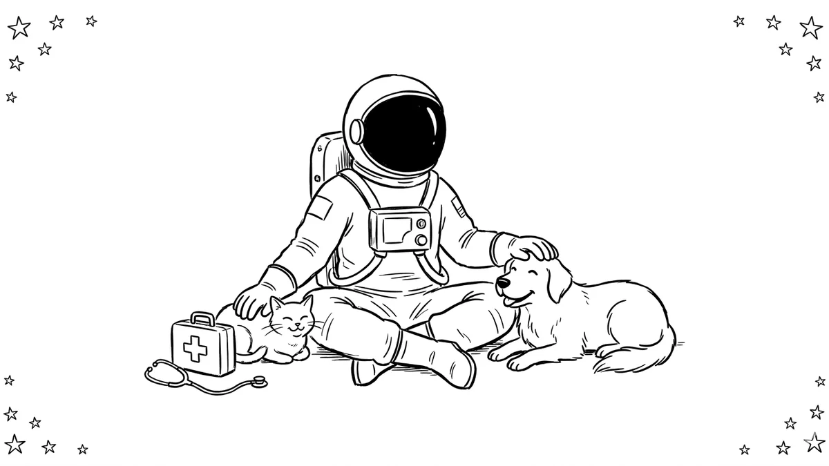 Illustration line art noir et blanc d'un cosmonaute chez le vétérinaire avec un chat et un chien, symbolisant l'assurance santé animaux
