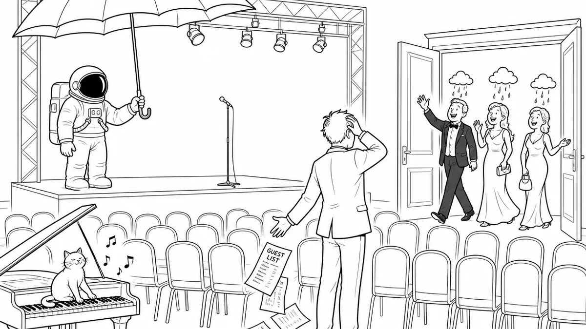 Illustration line art noir et blanc d'un cosmonaute supervisant une scène de festival sous un orage menaçant, symbolisant l'assurance annulation d'événement