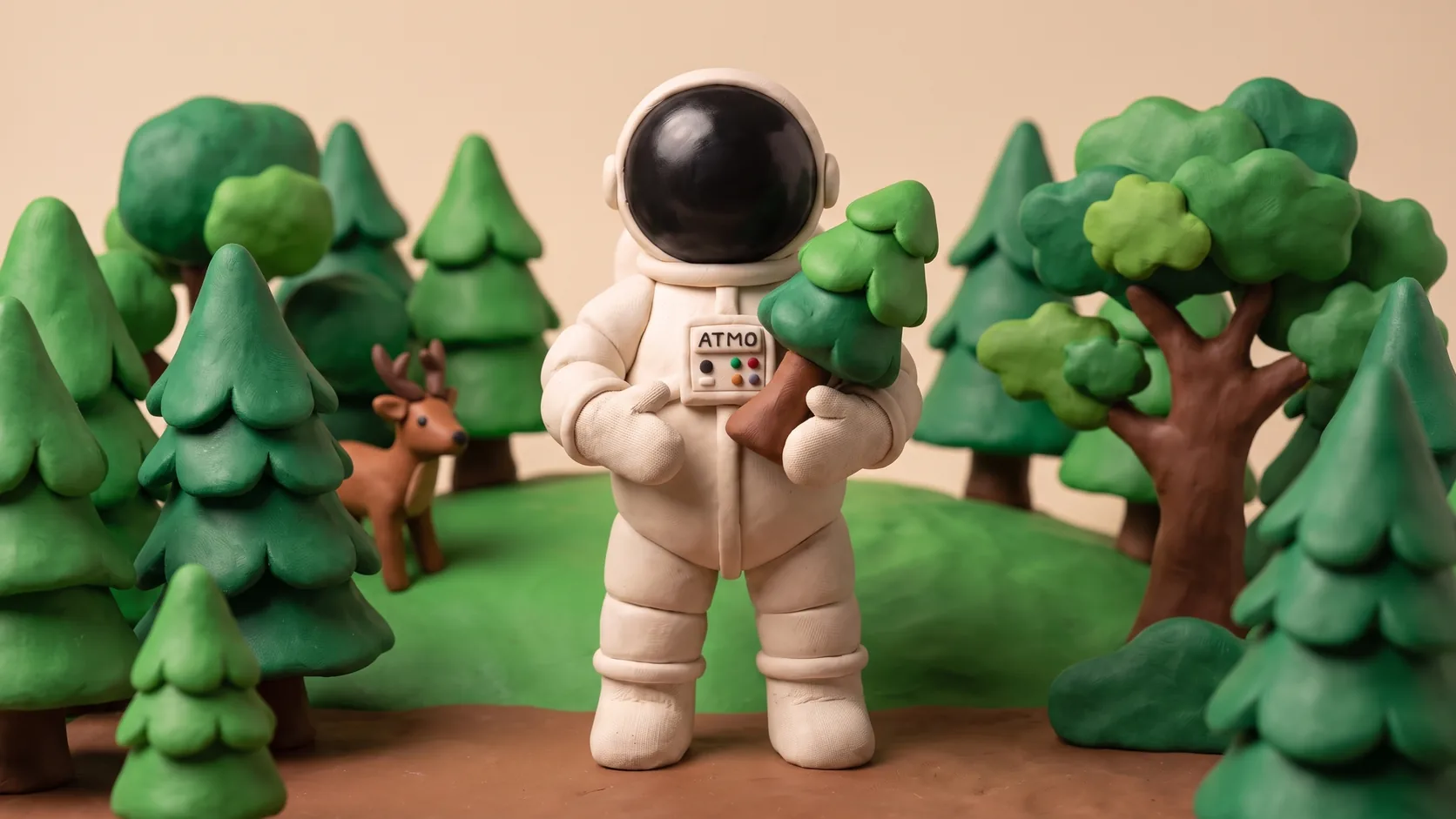 Illustration en pâte à modeler d'un cosmonaute posant la main sur un tronc dans une forêt de sapins, symbolisant l'assurance forêt des bois sur pied