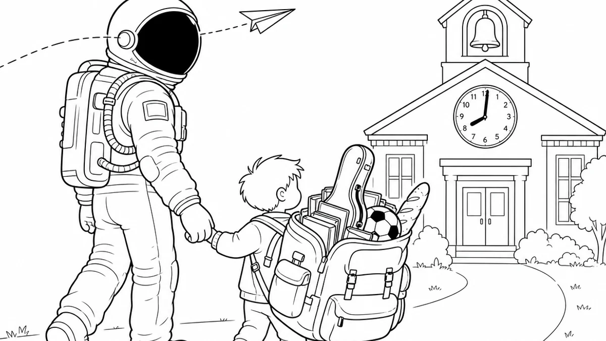 Illustration line art noir et blanc d'un cosmonaute accompagnant un enfant à l'école avec un cartable, symbolisant l'assurance scolaire