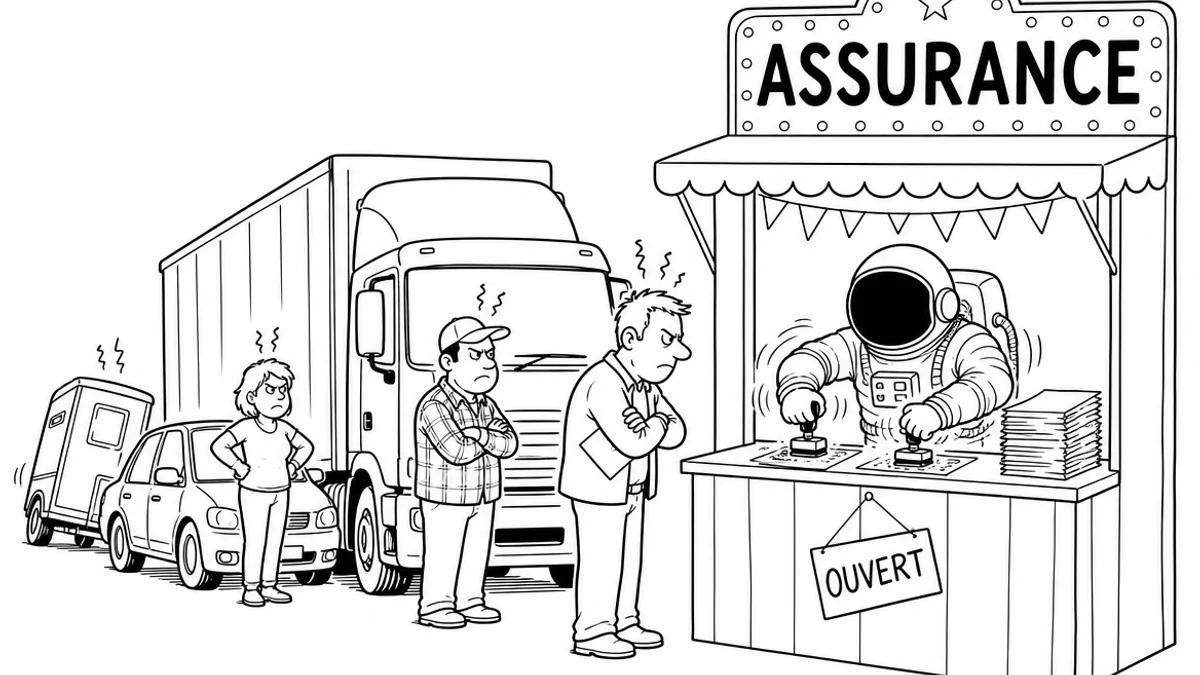 Illustration line art noir et blanc d'un cosmonaute remettant les clés d'un camion à un autre, symbolisant l'assurance auto et poids lourd temporaire pro