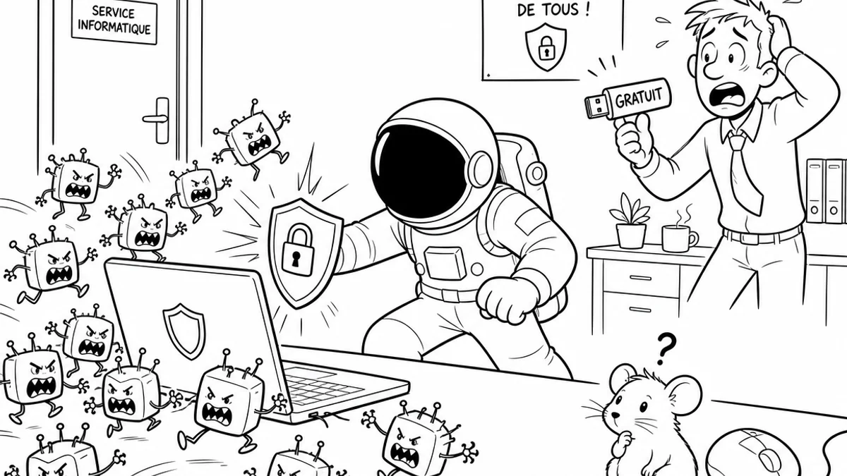 Illustration line art noir et blanc d'un cosmonaute face à des écrans et données binaires, symbolisant l'assurance cyber-risques et la protection des données