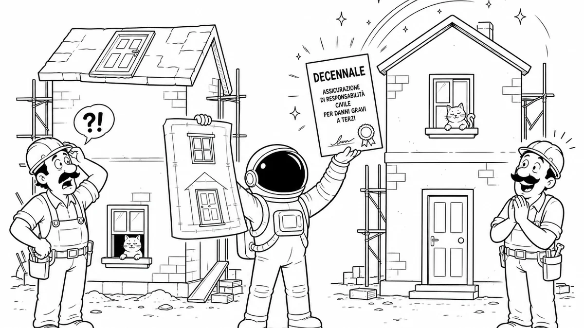 Illustration line art noir et blanc d'un cosmonaute artisan posant une attestation RC Décennale sur un chantier, symbolisant l'assurance décennale obligatoire