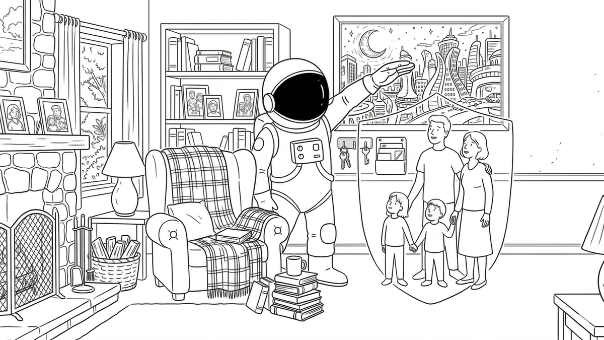 Illustration line art noir et blanc d'une famille recueillie, symbolisant la garantie décès accidentel