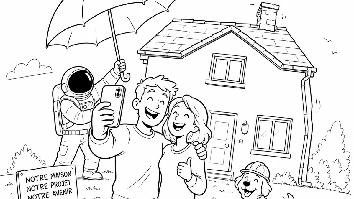 Illustration line art noir et blanc d'un cosmonaute supervisant la construction d'une maison individuelle, symbolisant l'assurance Dommages-Ouvrage particulier
