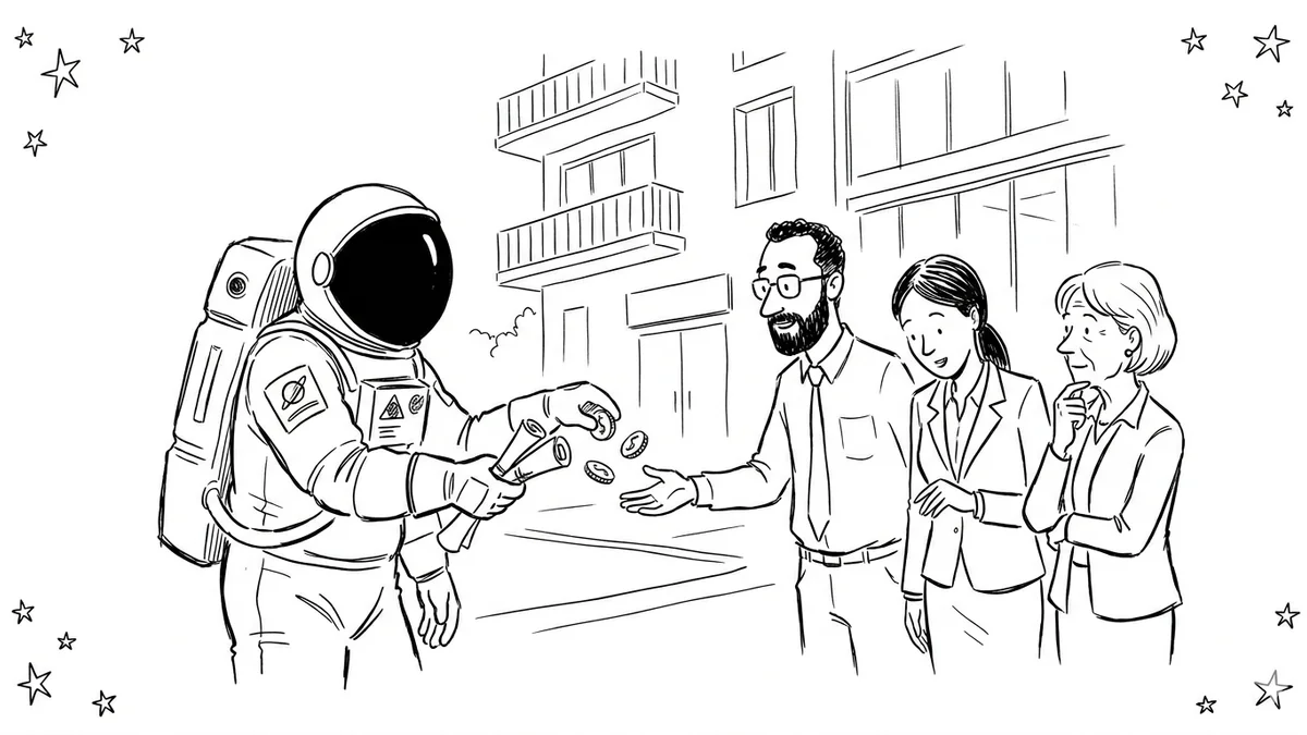 Illustration line art noir et blanc d'un cosmonaute partageant un graphique d'épargne avec une équipe de salariés, symbolisant les dispositifs d'épargne salariale