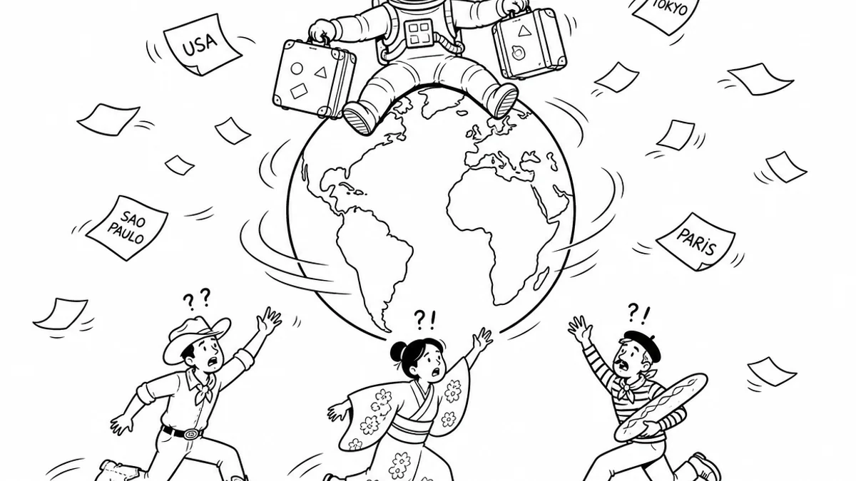 Illustration line art noir et blanc d'un cosmonaute entouré de collaborateurs internationaux, symbolisant l'assurance expatriation entreprise