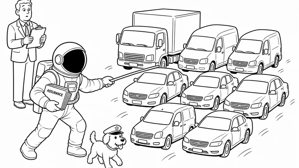 Illustration line art noir et blanc d'un cosmonaute supervisant un parc d'utilitaires et de camions, symbolisant l'assurance flotte de véhicules