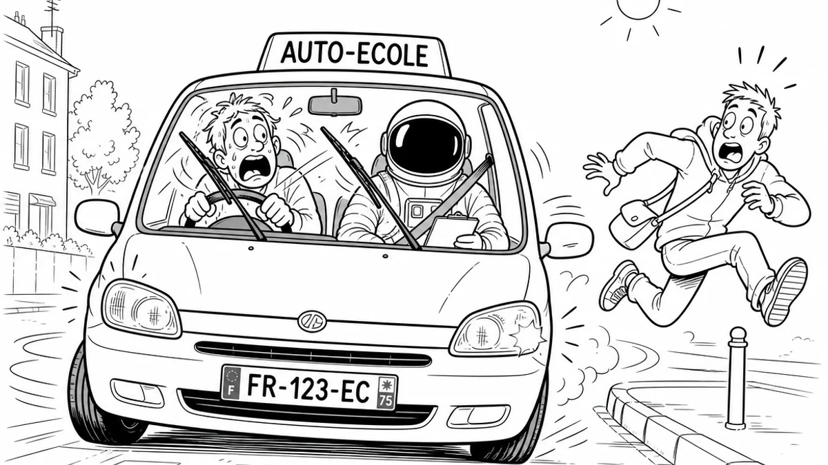 Illustration line art noir et blanc d'un cosmonaute moniteur auto-école dans un véhicule double commande, symbolisant la garantie financière auto-école
