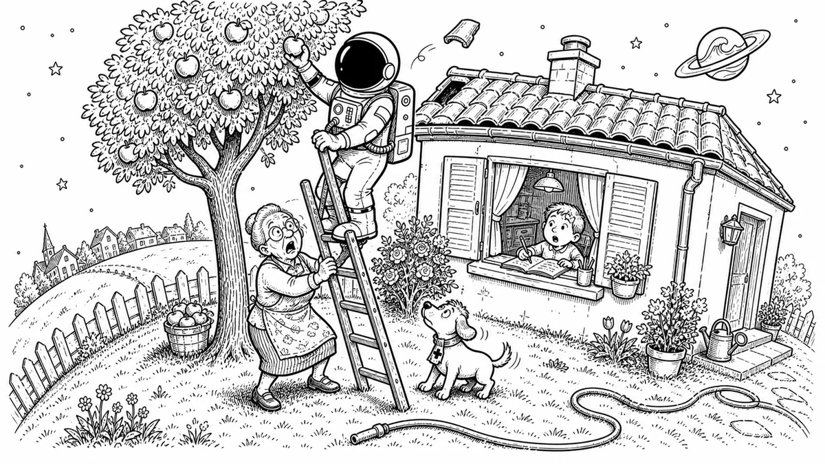 Illustration line art noir et blanc d'un cosmonaute sur une échelle, symbolisant les accidents de la vie