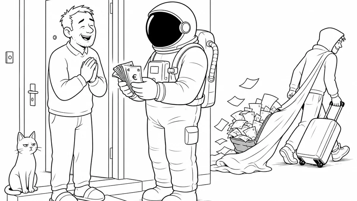 Illustration line art noir et blanc d'un cosmonaute remettant les clés d'un logement à un locataire avec un bouclier de protection, symbolisant la garantie loyers impayés