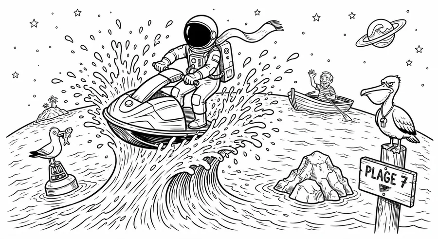 Illustration line art noir et blanc d'un cosmonaute pilotant un jet-ski sur l'eau, symbolisant l'assurance jet-ski