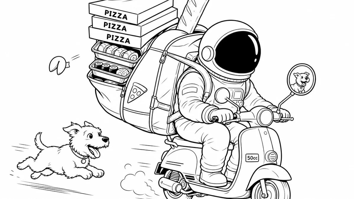 Illustration line art noir et blanc d'un cosmonaute en livraison à scooter avec sac isotherme, symbolisant l'assurance livraison cyclo professionnelle